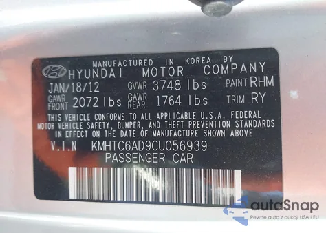 2012 Hyundai Veloster Base W/Gray z USA, uszkodzony, nr VIN KMHTC6AD9CU056939